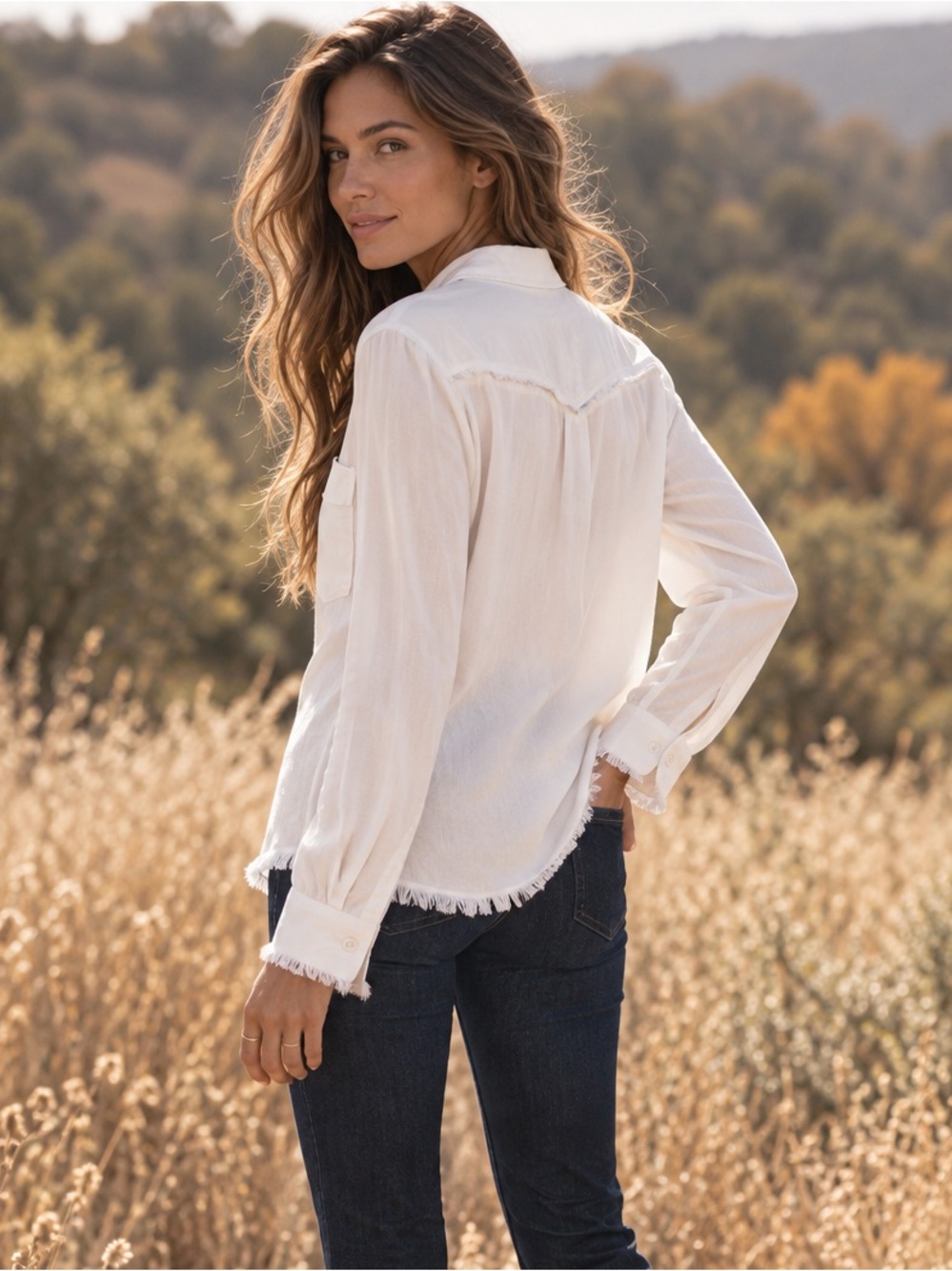 Cloth & Stone Fringe Tencel Button Down Shirt White Medium Anthropologie